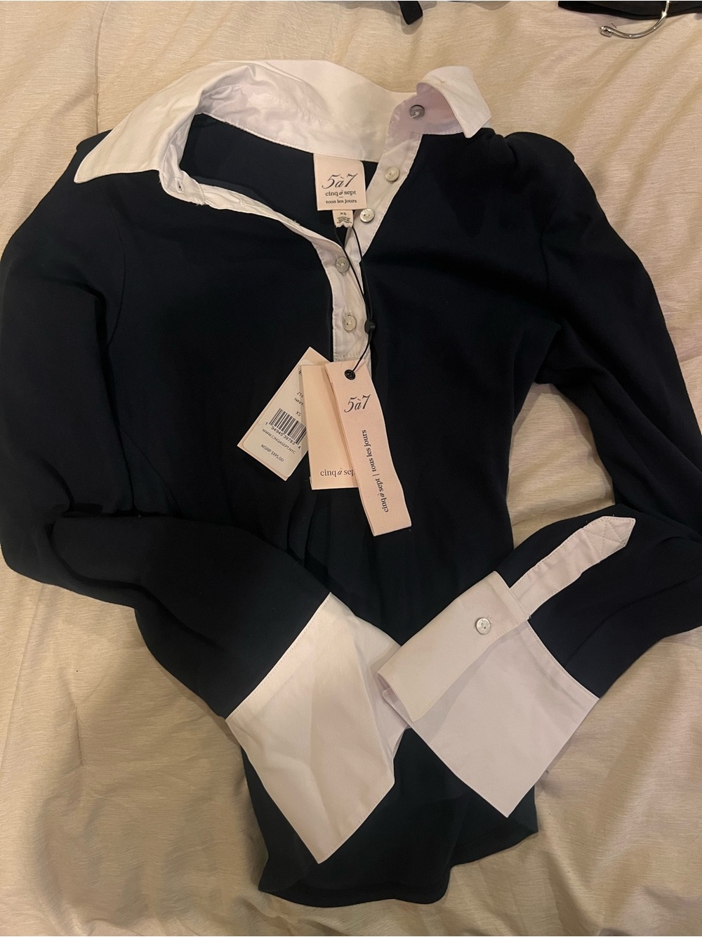Cinq a Sept Navy and White Contrast Collared Women's Top